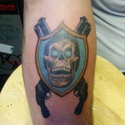 Recent tattoo. Thank youu.    #ink #tattoos #chelsea #boston  #ravenseyeink #tattoo #skull #shotgun (at Raven&rsquo;s Eye Ink)