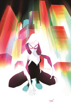 in-the-glory:  Spider-Gwen #1 A continuation of Gwen Stacy: Spider-Woman (a.k.a. Edge of Spider-Verse #2), Spider-Gwen is an ongoing series following the adventures of Gwen Stacy, who became Spider-Woman in a universe where she, not Peter Parker, was