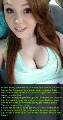 teaseanddenialcaptions:  Nooooo, honey you know I LOVE your dick. When I first saw it I remember having an inner giggle of joy, because it has such a hot shape and is just a little bit bigger than the usual cocks I used to fuck.  It felt like unwrapping