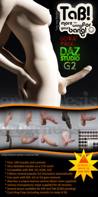  TaB (Twig and Berries) DAZ Studio G2 version,  is a highly detailed male genital figure that can conform to DAZ&rsquo;s  Genesis 2 male and female, and also Victoria 4 and Michael 4. It comes in four texture versions, which includes support for M4, G2M