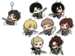 snkmerchandise: News: Slaps x SnK Metal Trading Charms (2017) Original Release Date: July 1st, 2017Retail Price: 648 Yen each Slaps Japan has previewed their upcoming metal-plated charms, featuring Eren, Levi, Mikasa, Armin, Jean, Sasha, Erwin, and Hanji!