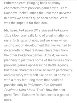 greninja-sex-party: An official interview for Ultra Sun and Moon confirms that the villain team bosses that make up Team Rainbow Rocket are all from parallel universes where they won.