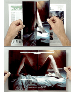 punkrockmermaid:  Publicity done right in an anti-rape campaign: double-page spread, pages glued to one another. After the reader forcefully separates them, the image above is revealed with the caption “if you have to use force, it’s rape”.    