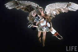 Carlo Bavagnoli - Jane Fonda being carried through the air by Guardian Angel, actor John Phillip Law, in a scene from Roger Vadim’s film “Barbarella.”