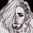 nickleerie:[Start ID: An illustration and of Kravitz from The Adventure Zone. He is a muscular half drow man with glowing red eyes with black sclera, a short beard, and extremely long, smooth black hair parted into 3 braids, 2 over his shoulders decorated