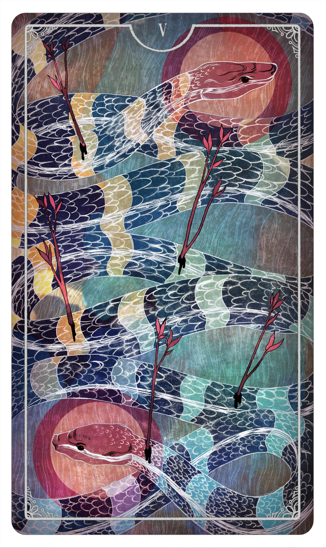 Five of Wands - Tarot Card Created for Ostara Tarot deck By Julia Iredale