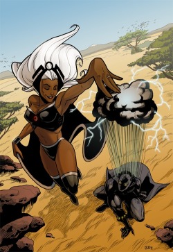 superheroesincolor:   Black Panther (T’Challa) &amp; Storm (Ororo Munroe)  by Clay Yount Get the Black Panther series here  [ Follow SuperheroesInColor on facebook / twitter / tumblr ] 