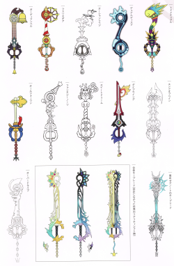 as-warm-as-choco:Key-blades’ designs from “Kingdom Hearts Series Memorial Ultimania”. Dedicating this to my girlfriend nefowls! Hope we ‘ll be rocking this video-game in 2015’s winter. #causeSWORDS!