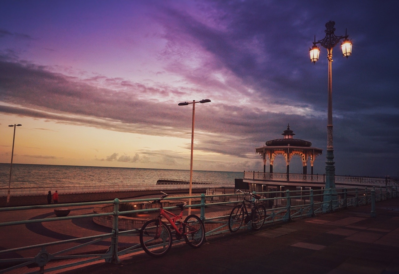 Brighton, England Bandstand (circa 1880s - one of the “finest examples of a Victorian bandstand in England”) at sunset tonight. 🚲🌊🌅