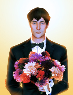 Shining baby boy Berthold with a bouquet of dahlias commissioned by calcifie &lt;3 Belated Happy Birthday hon!