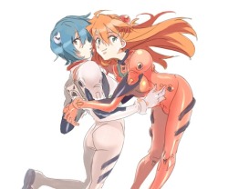 as-warm-as-choco:  Asuka Langley with her actual girlfriends Rei (レイ) and Mari (マリ) by Gori Matsu (Pixiv ID: 36978). Aaaaaw… NGE lesbian love lasts forever. #hotcuties 
