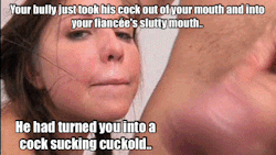 i-own-you-and-your-girl:  You felt so humiliated and emasculated by having to suck your bully’s cock.. Especially in front of your fiancée..  ..to make matters worst, your bully ordered you to wear panties from now on and lock your little dicklet away