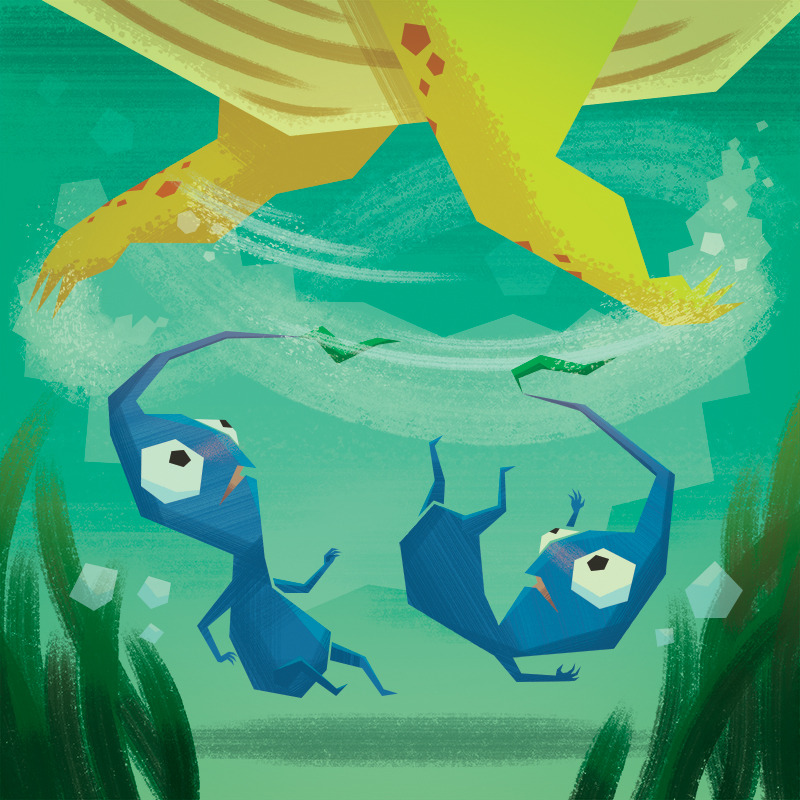 The little Pikmin lunged out of the way, narrowly avoiding the broad strokes of a swimming Wollywog. Check out more artwork over on my tumblr: phantomlobster.tumblr.com