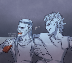 mintyskulls:  Newly turned vampire Xigbar is not a fan of the whole blood thing, and Demyx is amusedDo not repost or use without proper credit. Ask for permission first, please.