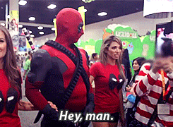 jareddevries:allyson-wonderlnd:What I love about Deadpool is that heâ€™s got 2 attractive woman on his side and heâ€™s more excited about Waldo. I love accurate cosplay.  agirlnameddanib