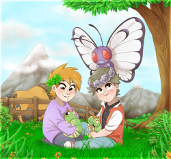 putridpastries:Some Nameless babes enjoying a sunny day in the greens together with some affectionate bugs, made specially for @cherrytisane ;;;u;;; &lt;3It’s sort of a get well gift, inspired by the adorable fic Niro made for Namelessweek’s flower
