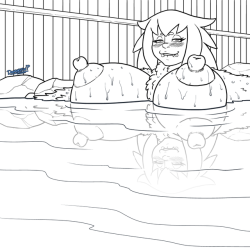 doomington:  Stream pics!We see a lovely Yeti gal enjoying a bath in a local hot springs. (With a couple alts showing us why she is enjoying it a bit more than normal, and without the jet current and bubbles so we can see her in full.)Haley enjoys those