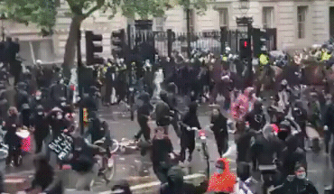 kropotkindersurprise: kropotkindersurprise: June 6 2020 - A cop dismounts his horse in a creative way after mounted police charged a peaceful Black Lives Matter protest in Downing Street, London. [video] 
