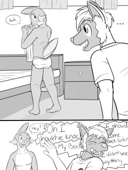 Pokemon Combat Academy - pg 22-23Pawl meets his new roommate and teammate for his time here at the academy, Gao the Mudkip.  Gao, being a water type, is used to wearing swim briefs, and is a bit too comfortable only wearing those.  Pawl shouldn’t