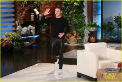 Zac Efron wearing black leather tight skinny jeans on Ellen