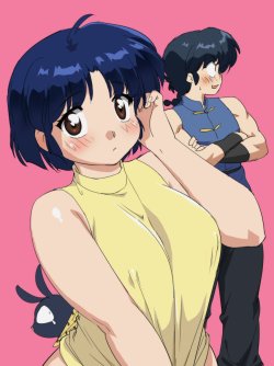 rumicworld-ranakan-diaries:  Ranma ½   Ranma Saotome, Akane Tendo, and P-chan.  ♡ Ranma and Akane♡  by: mage Kawaii ~ Akane is adorable, flustered, while seemingly under dressed; Her fiancee Ranma is blushing hard, and trying to hide it, and P-chan