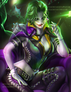 sakimichan:  I wanted to paint a female version of joker for a long time since I already did Male Harley :3 I had lots of fun designing her “vest”, wanted to make her sexy/powerful and bad ass looking but a bit classy as well. Hope you guys like !I’d