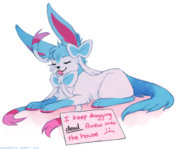 so pokeshaming is a thing i like imagining Sylveon as very cat-like, so imagine it having feline behaviors such as it leaving dead little &ldquo;gifts&rdquo; for its trainer :3c