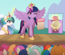This month&rsquo;s patreon sponsored picture! High res here. Twilight&rsquo;s very first royal speech in Ponyville. I&rsquo;m sure the gathered ponies are just assuming that she&rsquo;s very nervous while Celestia and her are having some fun in secret.