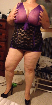 hmcouple:  hmcouple:  Here’s a taste of tonight’s fun ;) another sexy purple and black outfit with those killer heals…Mrs turned me on so much she made me cum twice one in her ass and then on her beautiful big tits enjoy. Mr  Good morning tumblr