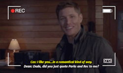 casbadass:   Cas finds a camcorder and can’t help but film endless clips of just Dean being Dean.   Because I like to imagine that Dean and Cas watch Parks and Recreation together. 