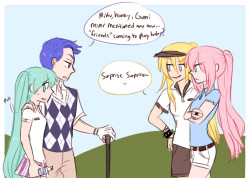 dashingicecream:  so do u guys remember that bad girls!AU miku and gumi’s families are those peppy rich kind so they usually go out to golf and such on weekends miku invites luka and lily along and luka uses this chance to impress miku by dressing up