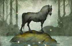 pagewoman:    Kelpie     Kelpies are supernatural water horses that haunt Scotland’s lochs and rivers. They appear as a lost pony, often grey or white, and entice people to ride on their backs before taking them down to a watery grave.   via culloden