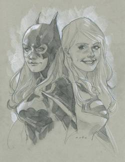 xombiedirge:  Batgirl &amp; Supergirl by Phil Noto / Tumblr Donated to the Station Studios online auction to help aid the Typhoon Haiyan relief effort, starting Sunday 10pm, November 17th 2013, HERE
