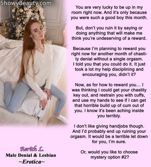 If you enjoy my captions, check out my Male Chastity and Lesbian Denial Books:https://www.smashwords.com/profile/view/AerithLRead big chunks of them for FREE.