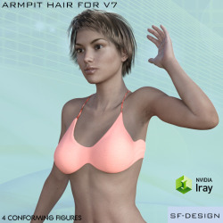 Need some body hair for your V7 character? 	This product contains 4 different conforming armpit hair figures for V7.  	There  are also 10 color presets (5 for Iray and 5 for 3Delight) included.  Colors are not limited to these presets, you can easily