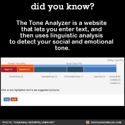 science-of-noise:  cognitivevariance:  did-you-kno:  The Tone Analyzer is a website that lets you enter text, and then uses linguistic analysis to detect your social and emotional tone.Now you guys can sound nicer when you send me messages.Source  OK