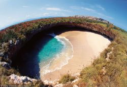 sixpenceee:  Views of the Hidden Beach, located on the Marieta Islands in Peurto Vallarta.   This secluded paradise, with its sandy beaches and crystal clear warm water, is believed to have formed decades ago when it was used as target practice by the