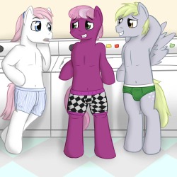 So..laundry day for you guys as well?  Three guys at the laundromat in their underwear, I seem to always need to do some sort of follow up pic don&rsquo;t I?  Anyway, two for one special, R63 Cheerilee and Derpy.  Not entirely sure what their R63 names