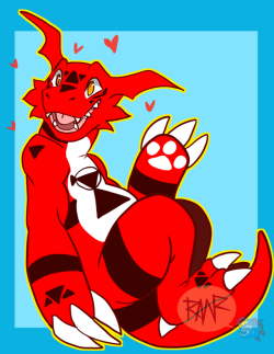 rusttyrannomon:Been pretty irritated with life lately so I decided to play around with styles and out came a lovable digi-drago! Guilmon always makes things better!
