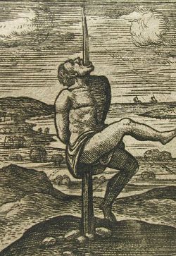 sixpenceee:  Impalement  This is a form of torture that can be traced back to the 19th century. In this method, a pole made out of wood or other materials with a sharp point on one end is inserted into the victim’s anal cavity and through the body until