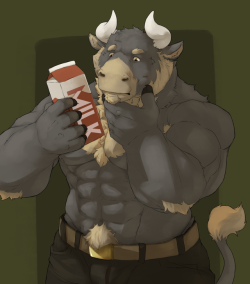 ralphthefeline:A hunky bull dude is looking at a carton of milk wondering where milk in an anthro world would come from~ Just some random thoughts that came while wondering about anthro setting XD Where would it come from~ gotta wonder~