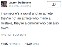 micdotcom:  Lauren DeStefano’s viral tweet nails why we all need to stop thinking about and framing rapist Brock Turner as a star athlete or student gone awry. DeStefano also had some brutal truths for Turner’s father. 
