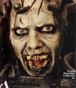 sexymonstersupercreep:  Scans from Fangoria and a photo showcasing Leanne Podavin’s makeup on Shane Wyler as the Jackal for Thi13en Ghosts. Note the Jackal’s torn lip and mismatched eye color. 