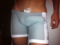 hotguyshotunderwear:  Here is a super sexy anonymous follower submission in his hot bulging lycra shorts! Keep them cummin~ 
