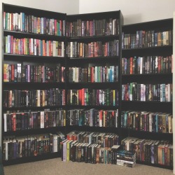 bookloversthoughts:  Decided a few days ago to just double stack my shelves, because I was sick of half my books sitting in boxes. Now they are nice and organized, and I can actually find what I’m looking for again!
