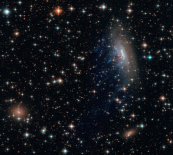 These streaks are actually hot young stars, encased in wispy streams of gas that are being torn away from the galaxy by its surroundings as it moves through space. This violent galactic disrobing is due to a process known as ram pressure stripping —