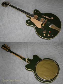 garys-classic-guitars:  1962 Gretsch Country Club, Rare left handed Cadillac Green finish with Double cutaway style Country Gentleman body, Gold hardware, Two Filtertrons, Grover imperial tuners…. 