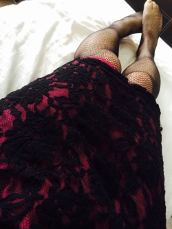 plikespanties:  Lace Dress  Just relaxing &amp; having fun in my 2 tone lace dress, teeny purple G string &amp; fishnet hold ups. More pics to come if these are popular  X