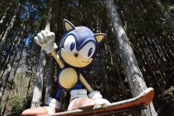 thivus: pr0jectneedlemouse: In the remote mountain forests of Nabari, Japan, there is a giant Sonic statue - purchased from a now-defunct SEGA World location, and nailed to some trees on the side of a rural highway. shrine to a local god 