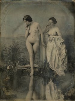 rivesveronique:   « Les baigneuses : étude de nus dans une composition picturale » par Félix-Jacques Moulin (1802-1875). Daguerréotype, pose directe sur cuivre argenté 